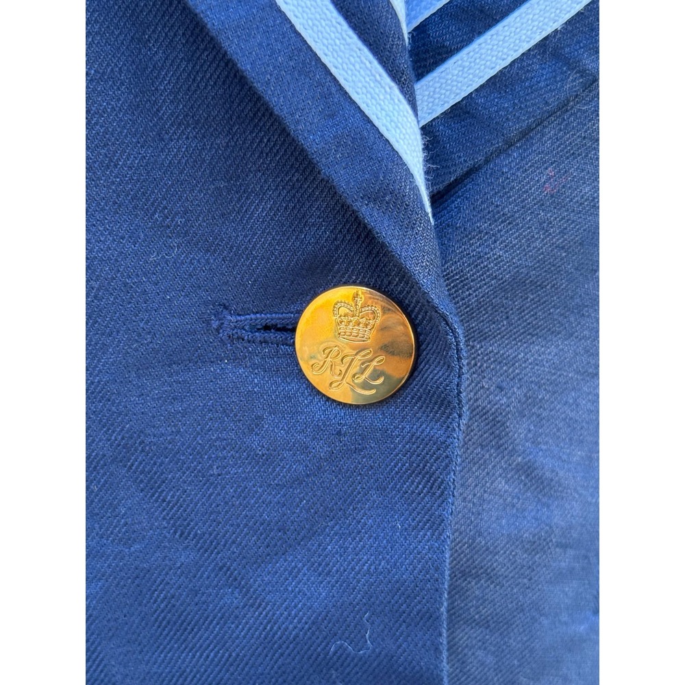 1990 Lauren Ralph Lauren navy blue linen nautical single button blazer - Picture 4 of 10